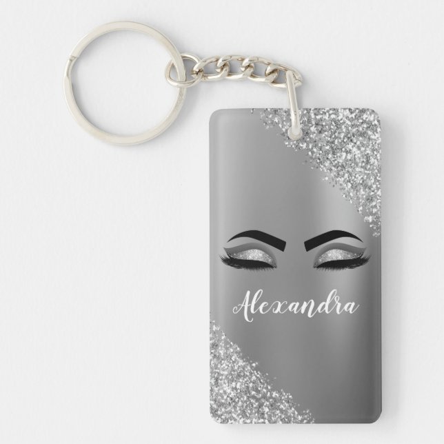 Silver Glitter Sparkle Eyelashes Monogram Name Key Ring (Front)