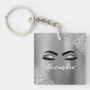 Silver Glitter Sparkle Eyelashes Monogram Name Key Ring