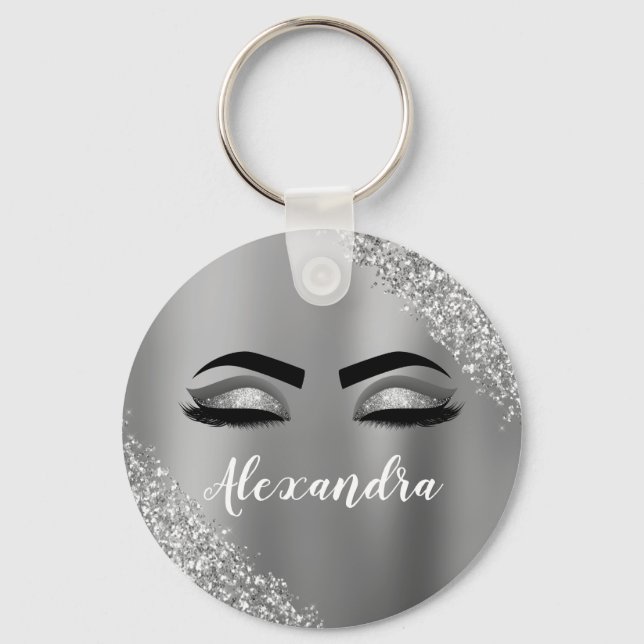 Silver Glitter Sparkle Eyelashes Monogram Name Key Ring (Front)