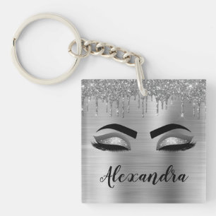 Silver Glitter Sparkle Eyelashes Monogram Name Key Ring