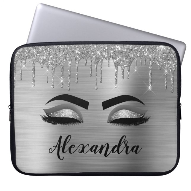 Silver Glitter Sparkle Eyelashes Monogram Name Laptop Sleeve (Front)