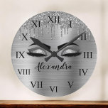 Silver Glitter Sparkle Eyelashes Monogram Name Large Clock<br><div class="desc">Silver Faux Foil Metallic Sparkle Glitter Brushed Metal Monogram Name and Initial Eyelashes (Lashes),  Eyelash Extensions and Eyes Decorative Clocks. The design makes the perfect sweet 16 birthday,  wedding,  bridal shower,  anniversary,  baby shower or bachelorette party gift for someone looking for a trendy cool style.</div>