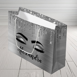 Silver Glitter Sparkle Eyelashes Monogram Name Large Gift Bag