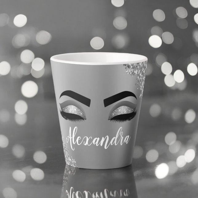 Silver Glitter Sparkle Eyelashes Monogram Name Latte Mug (Creator Uploaded)