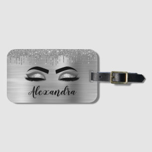 Silver Glitter Sparkle Eyelashes Monogram Name Luggage Tag