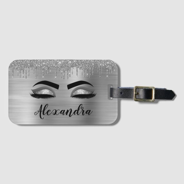 Silver Glitter Sparkle Eyelashes Monogram Name Luggage Tag (Front Horizontal)