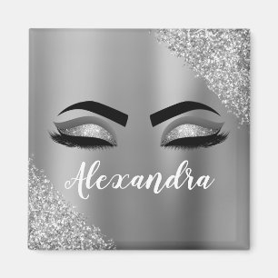 Silver Glitter Sparkle Eyelashes Monogram Name Magnet