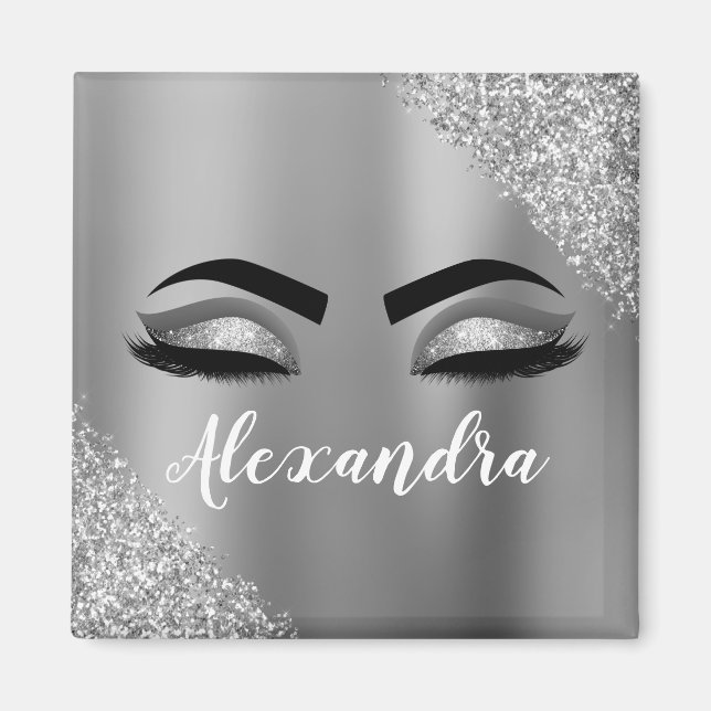 Silver Glitter Sparkle Eyelashes Monogram Name Magnet (Front)