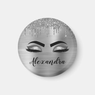 Silver Glitter Sparkle Eyelashes Monogram Name Magnet