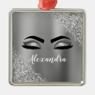 Silver Glitter Sparkle Eyelashes Monogram Name Metal Tree Decoration