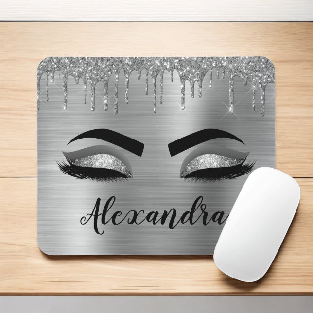 Silver Glitter Sparkle Eyelashes Monogram Name Mouse Mat (Creator Uploaded)