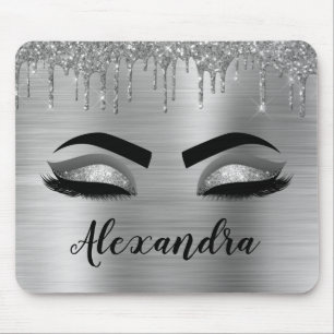 Silver Glitter Sparkle Eyelashes Monogram Name Mouse Mat