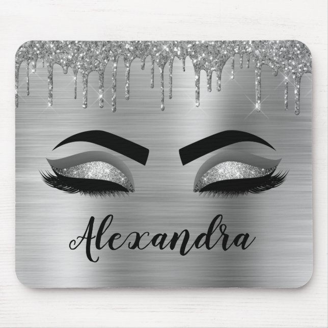 Silver Glitter Sparkle Eyelashes Monogram Name Mouse Mat (Front)