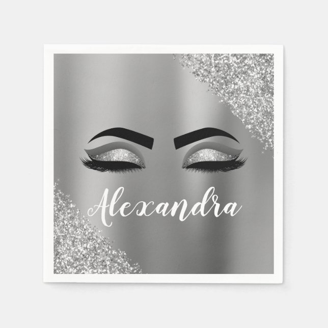 Silver Glitter Sparkle Eyelashes Monogram Name Napkin (Front)