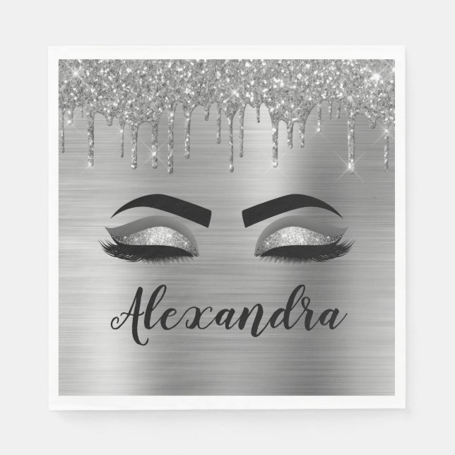 Silver Glitter Sparkle Eyelashes Monogram Name Napkin (Front)