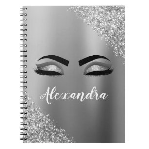 Silver Glitter Sparkle Eyelashes Monogram Name Notebook