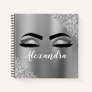 Silver Glitter Sparkle Eyelashes Monogram Name Notebook