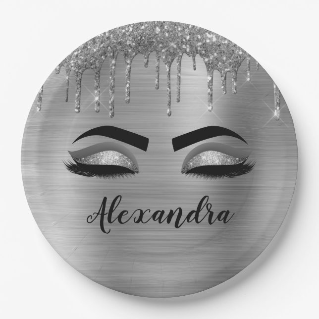 Silver Glitter Sparkle Eyelashes Monogram Name Paper Plate (Front)