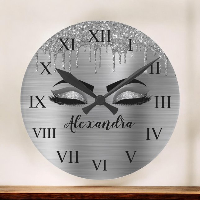 Silver Glitter Sparkle Eyelashes Monogram Name Round Clock (Creator Uploaded)