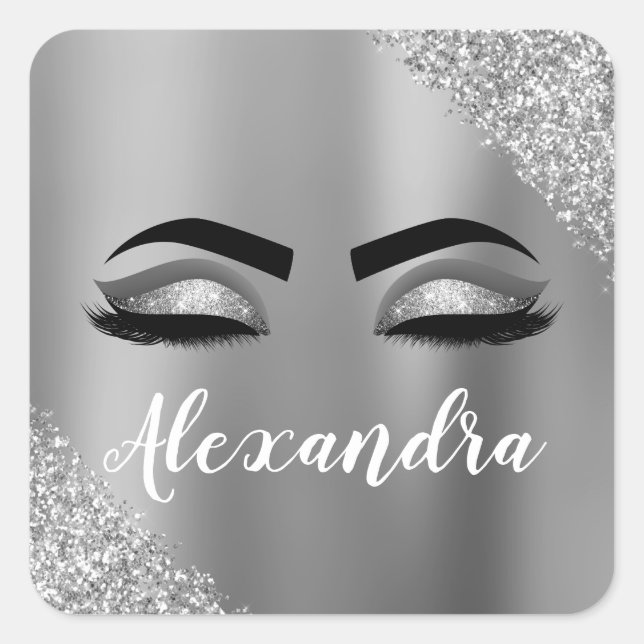 Silver Glitter Sparkle Eyelashes Monogram Name Square Sticker (Front)