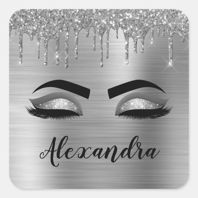 Silver Glitter Sparkle Eyelashes Monogram Name Square Sticker (Front)