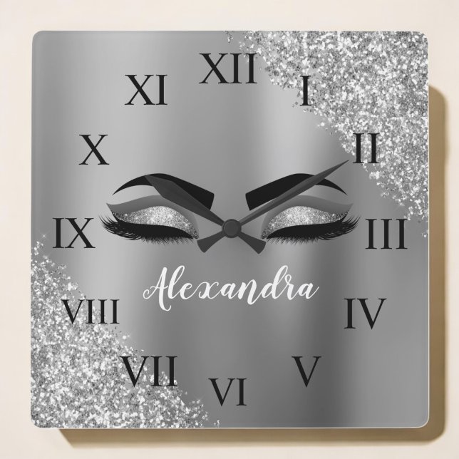 Silver Glitter Sparkle Eyelashes Monogram Name Square Wall Clock (Creator Uploaded)