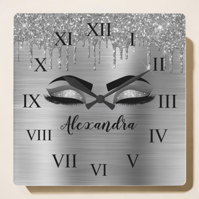 Silver Glitter Sparkle Eyelashes Monogram Name Square Wall Clock (Creator Uploaded)