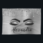 Silver Glitter Sparkle Eyelashes Monogram Name Tea Towel<br><div class="desc">Silver Faux Foil Metallic Sparkle Glitter Brushed Metal Monogram Name and Initial Eyelashes (Lashes),  Eyelash Extensions and Eyes Kitchen Towel. The design makes the perfect sweet 16 birthday,  wedding,  bridal shower,  anniversary,  baby shower or bachelorette party gift for someone looking for a trendy cool style.</div>