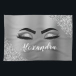 Silver Glitter Sparkle Eyelashes Monogram Name Tea Towel<br><div class="desc">Silver Faux Foil Metallic Sparkle Glitter Brushed Metal Monogram Name and Initial Eyelashes (Lashes),  Eyelash Extensions and Eyes Kitchen Towel. The design makes the perfect sweet 16 birthday,  wedding,  bridal shower,  anniversary,  baby shower or bachelorette party gift for someone looking for a trendy cool style.</div>