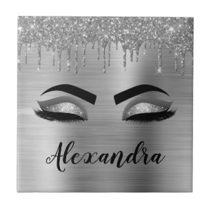 Silver Glitter Sparkle Eyelashes Monogram Name Tile