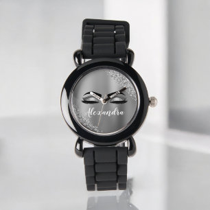 Silver Glitter Sparkle Eyelashes Monogram Name Watch