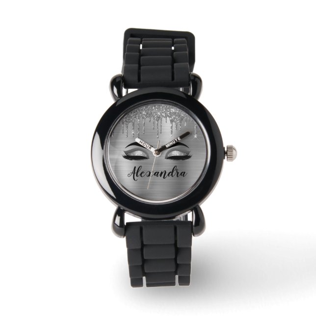 Silver Glitter Sparkle Eyelashes Monogram Name Watch (Front)