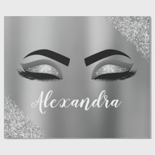 Silver Glitter Sparkle Eyelashes Monogram Name Wrapping Paper