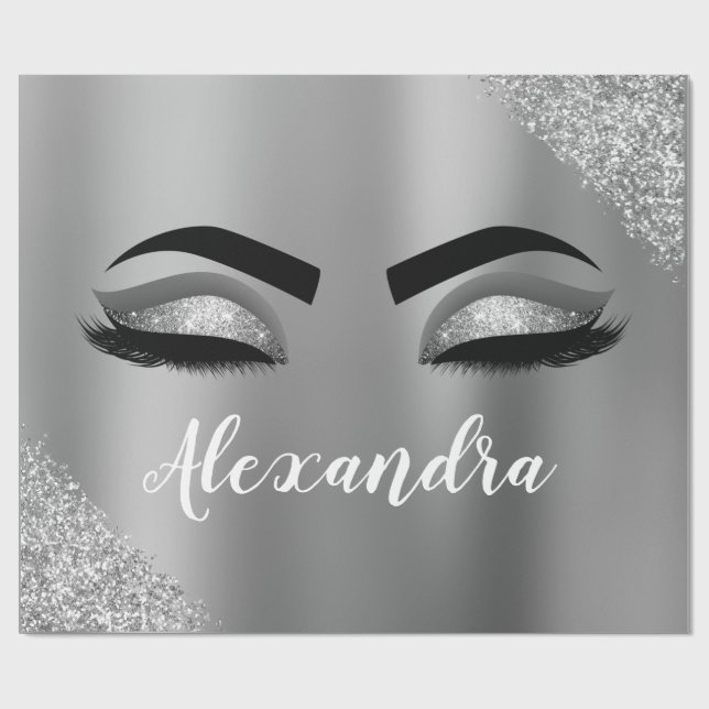 Silver Glitter Sparkle Eyelashes Monogram Name Wrapping Paper (Flat)