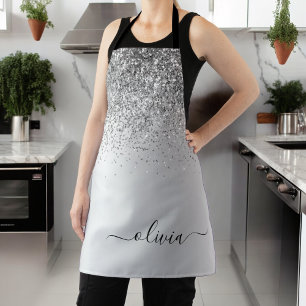 Silver Glitter Sparkle Glam Metal Monogram Name Apron