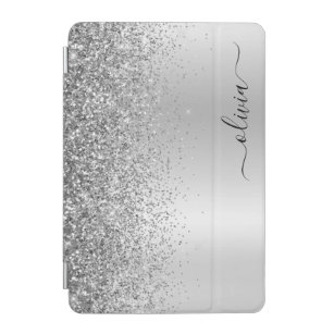 Silver Glitter Sparkle Glam Metal Monogram Name iPad Mini Cover