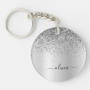 Silver Glitter Sparkle Glam Metal Monogram Name Key Ring