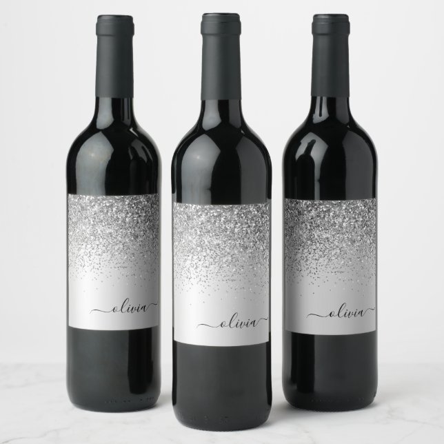 Silver Glitter Sparkle Glam Metal Monogram Name Wine Label (Bottles)
