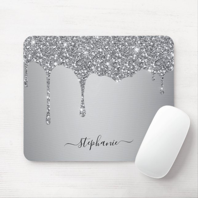 Silver Glitter Sparkle Hand Lettered Name Custom Mouse Mat (With Mouse)