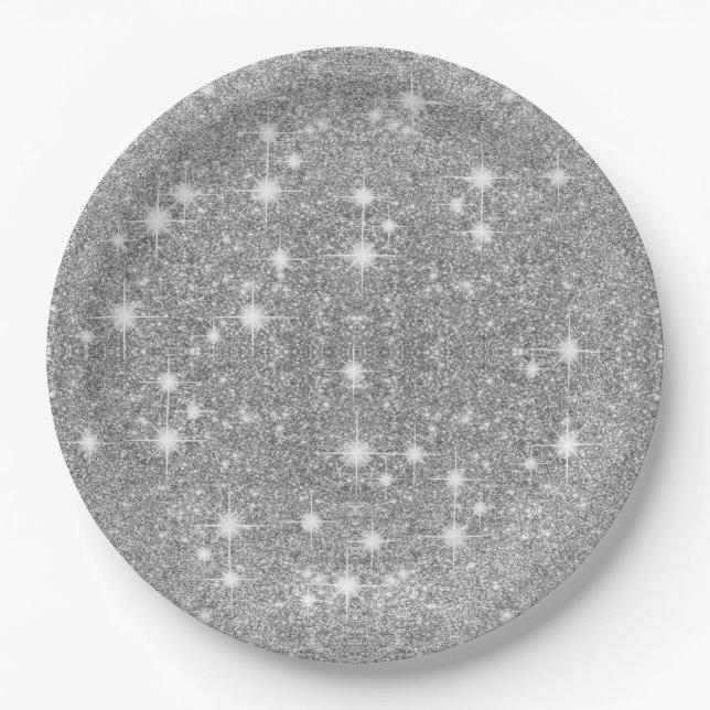 Silver Glitter Sparkle Metal Metallic Look Paper Plate (Front)