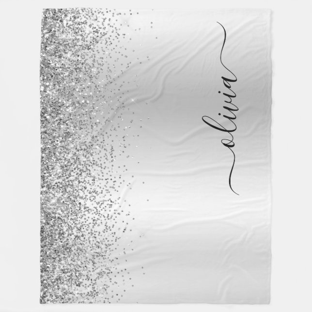 Silver Glitter Sparkle Metal Monogram Name Fleece Blanket (Front)