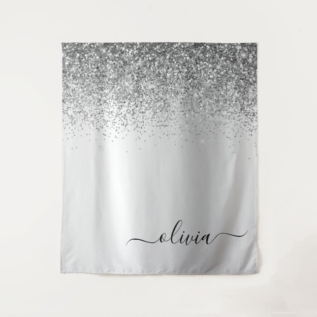 Silver Glitter Sparkle Metal Monogram Name Tapestry (Front)