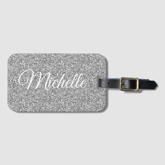 Silver Glitter Sparkle Metallic Personalised Luggage Tag (Front Horizontal)