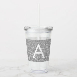 Silver Glitter & Sparkle Monogram Birthday Acrylic Tumbler