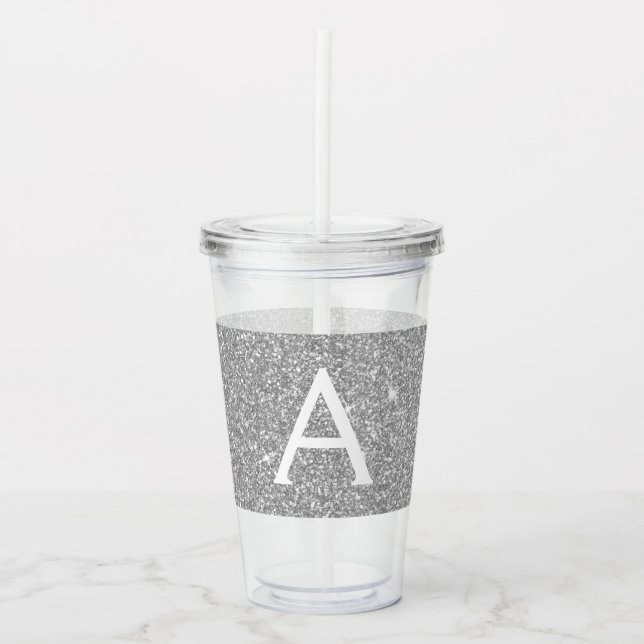Silver Glitter & Sparkle Monogram Birthday Acrylic Tumbler (Front)