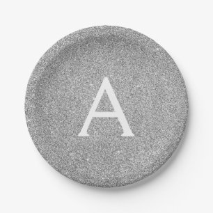 Silver Glitter & Sparkle Monogram Birthday Paper Plate