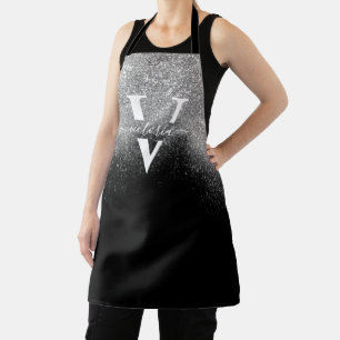 Silver Glitter Sparkle Monogram Black Girly Custom Apron