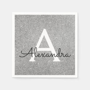 Silver Glitter & Sparkle Monogram Initial Birthday Napkin