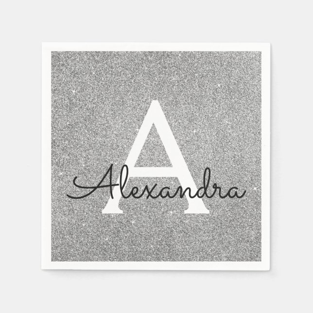Silver Glitter & Sparkle Monogram Initial Birthday Napkin (Front)