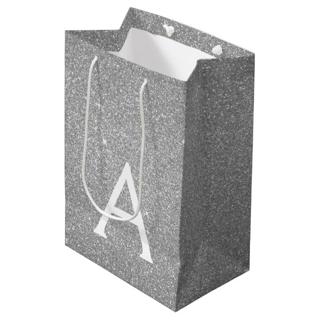 Silver Glitter & Sparkle Monogram Medium Gift Bag (Front Angled)